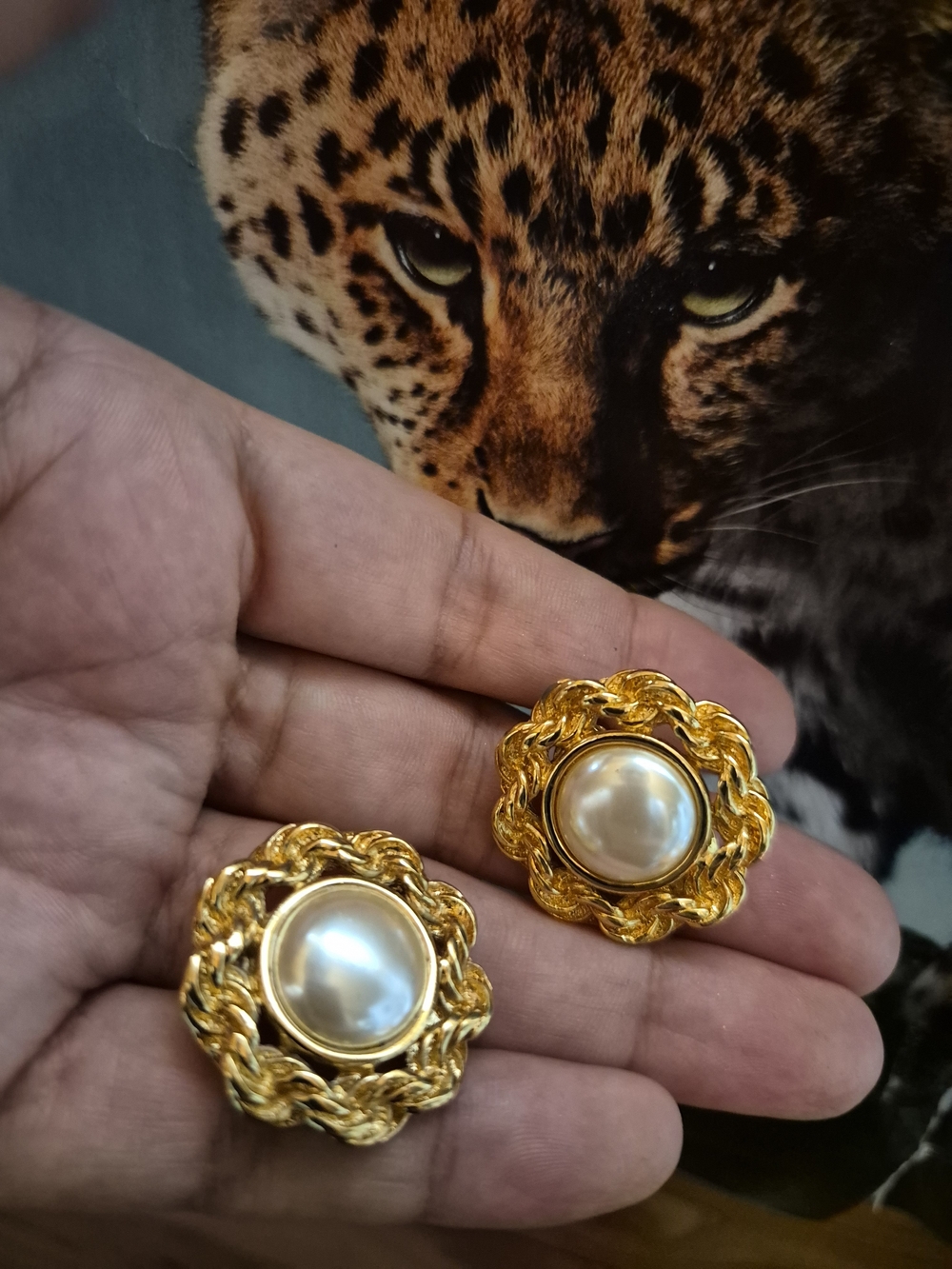 Monet Gold-Tone Braided Pearl Button Earrings - Picture 3 of 5